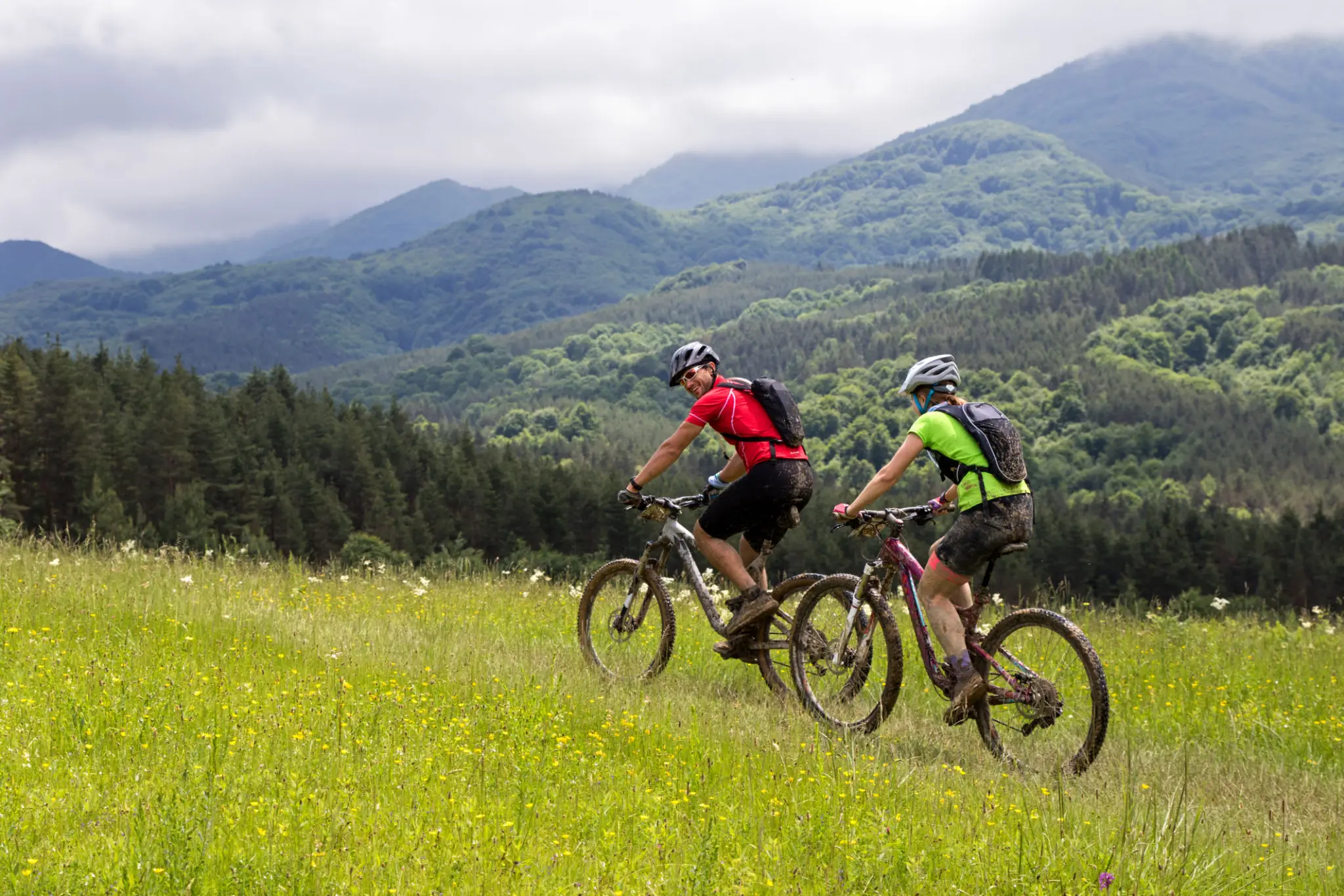 Two cyclists mountain biking on grassy trail