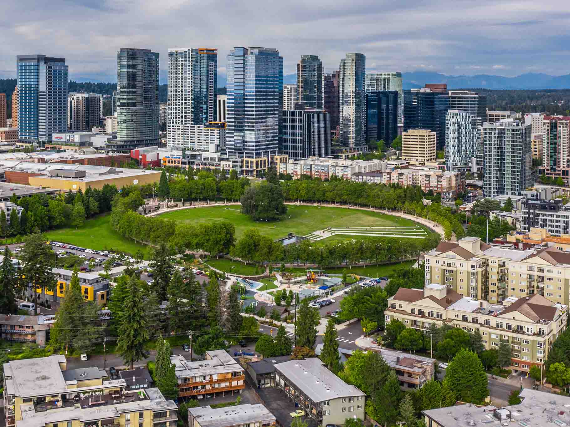 Aerial view of city skyline and circular park